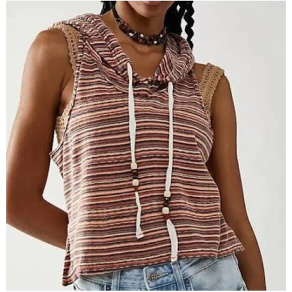 NWT free people rasta boho sleevless shirt jacket hooded hippie S striped orange - Picture 2 of 9